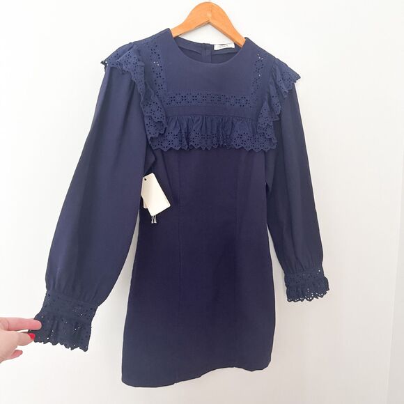 Doen Minore Dress Navy Size S Eyelet Collared Long Sleeve Organic Cotton Cottage - Picture 4 of 13